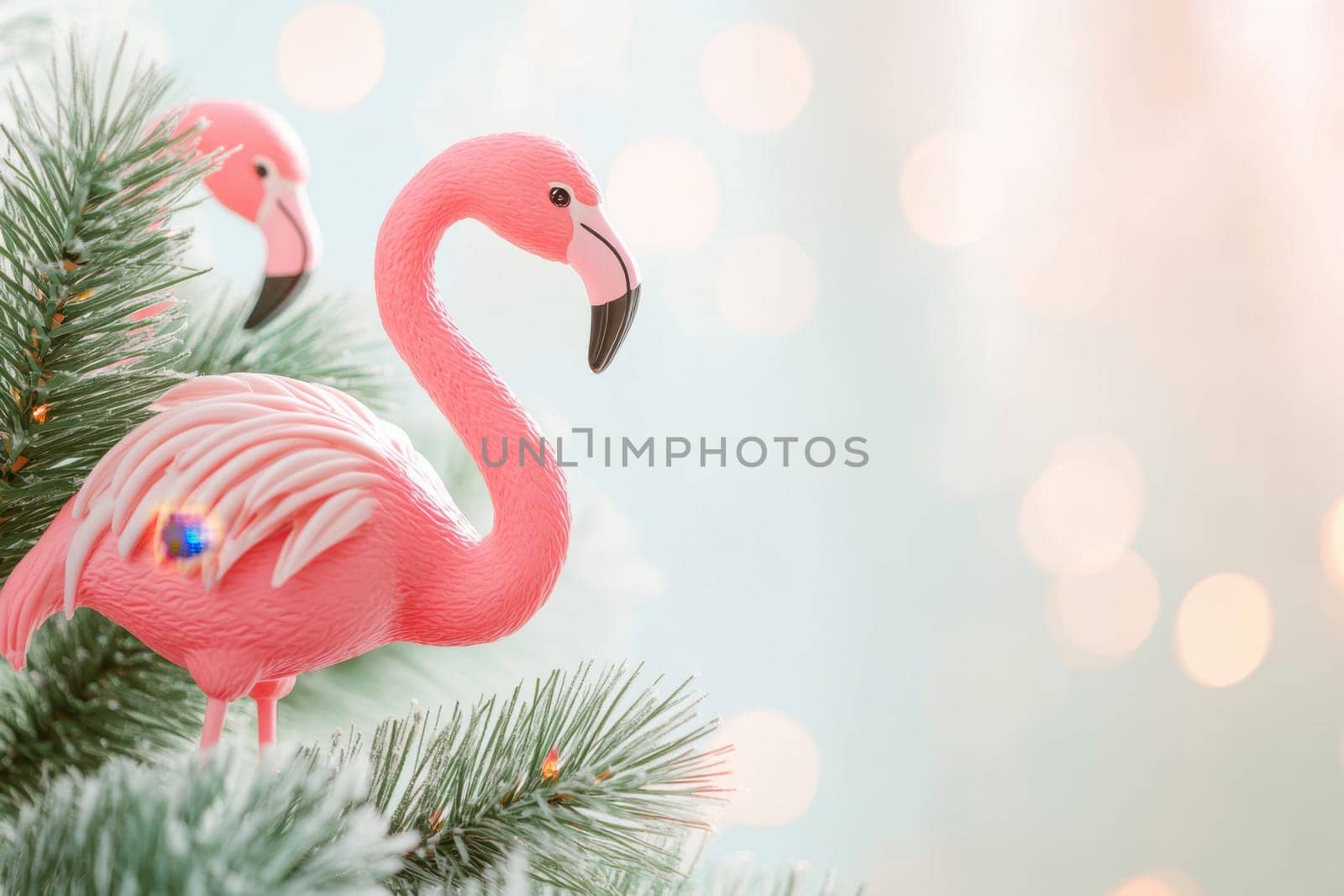 Colorful pink flamingos perched among the branches of a Christmas tree enhancing the holiday spirit with their playful design.