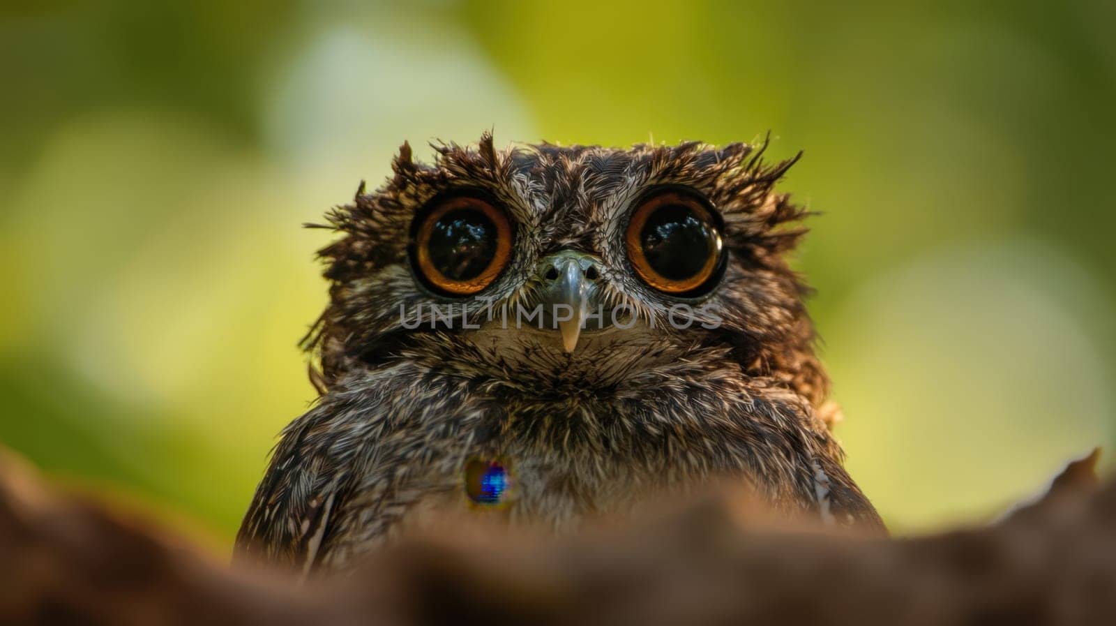 A curious owl gazes directly at the viewer surrounded by vibrant greenery in a tranquil forest environment.
