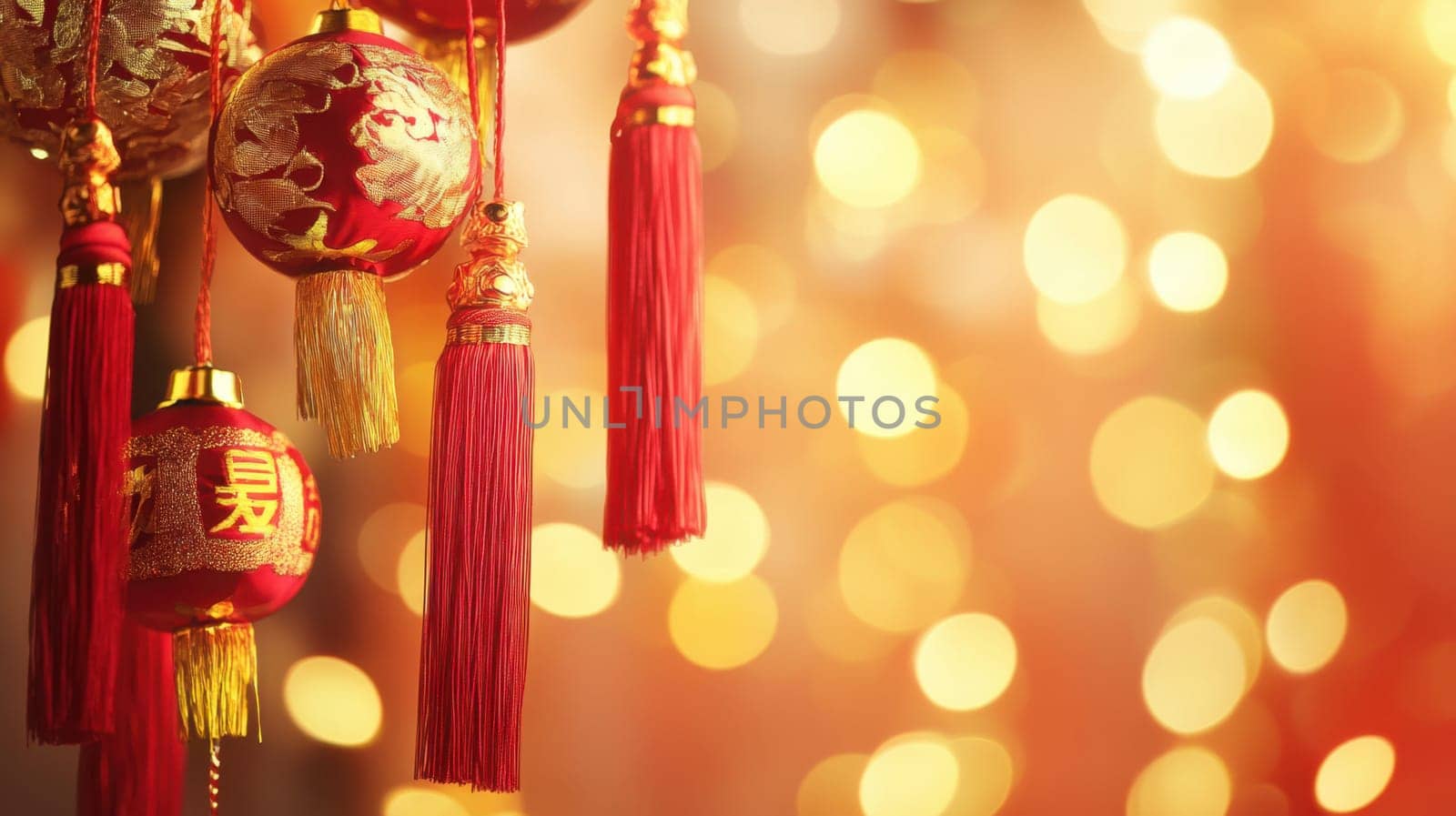 Red lanterns with tassels are beautifully arranged for a festive celebration glowing warmly in soft light during the evening.