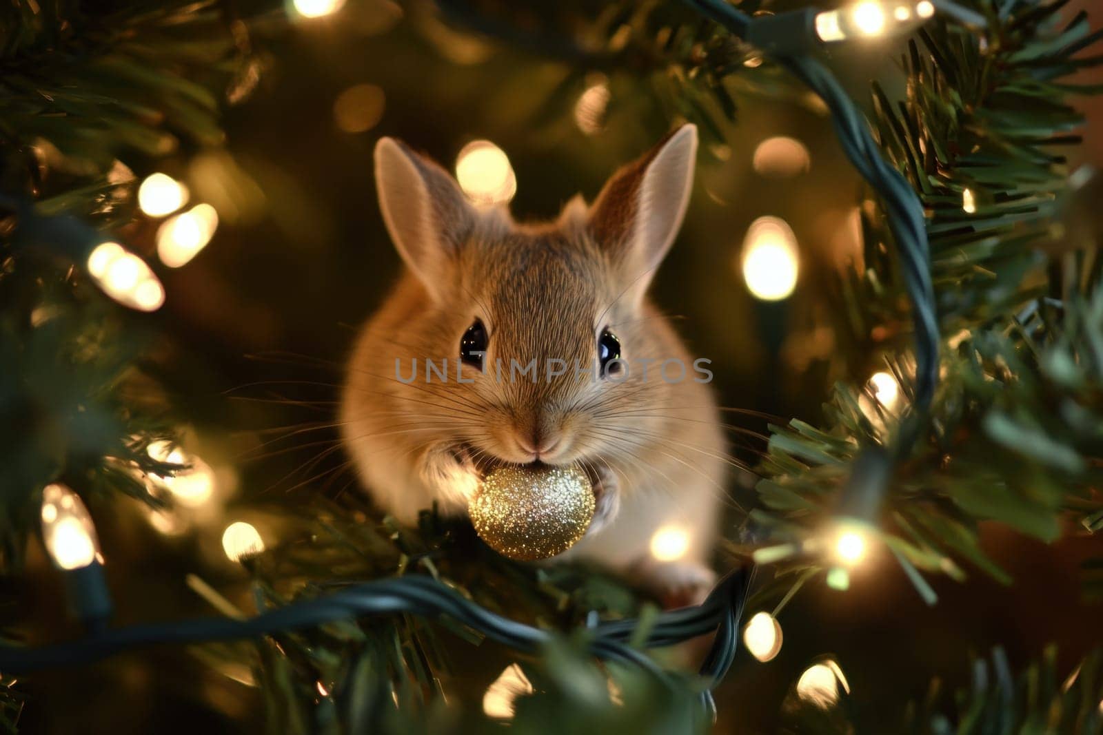 A small bunny explores a Christmas tree holding a golden ball surrounded by twinkling lights and festive decorations.