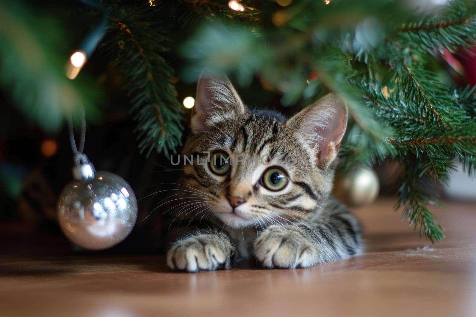 A playful kitten peeks out from below a Christmas tree adorned with decorations showcasing its curiosity and festive surroundings.