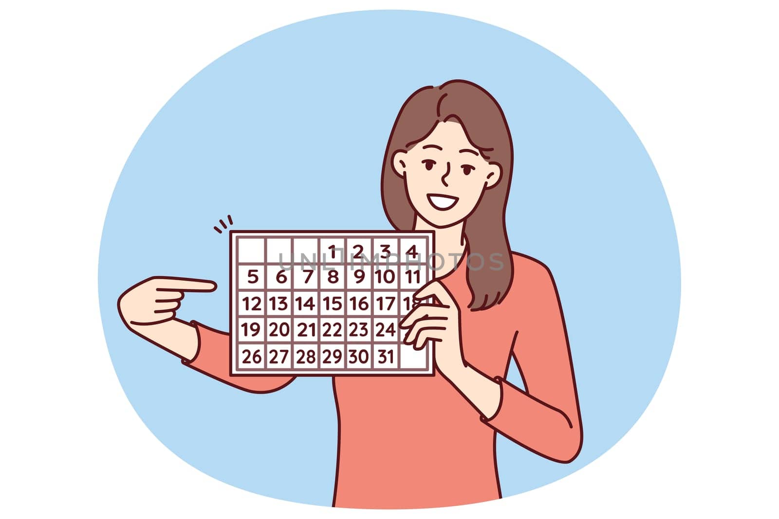 Woman with calendar points finger at dates suggesting to do planning and time management to increase productivity. Girl with calendar for planning vacation or choosing convenient date for travel