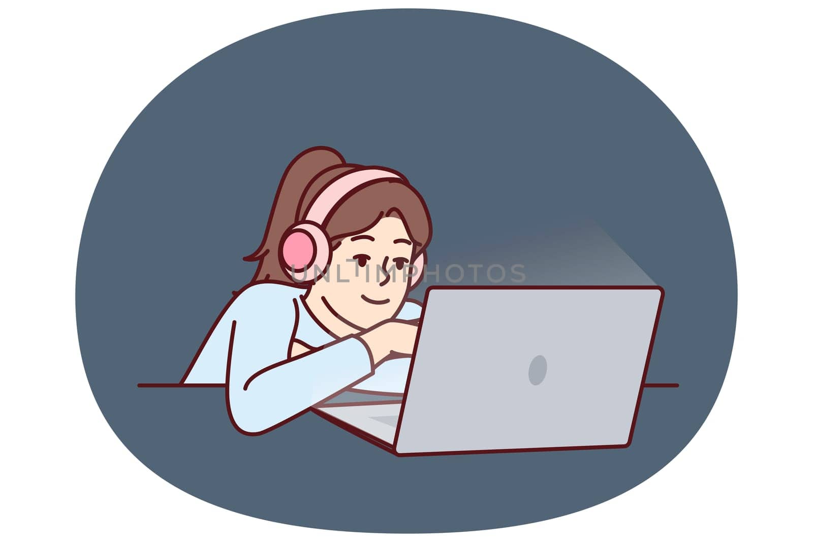 Little girl in headphones uses laptop watching children series or internet show for schoolchildren