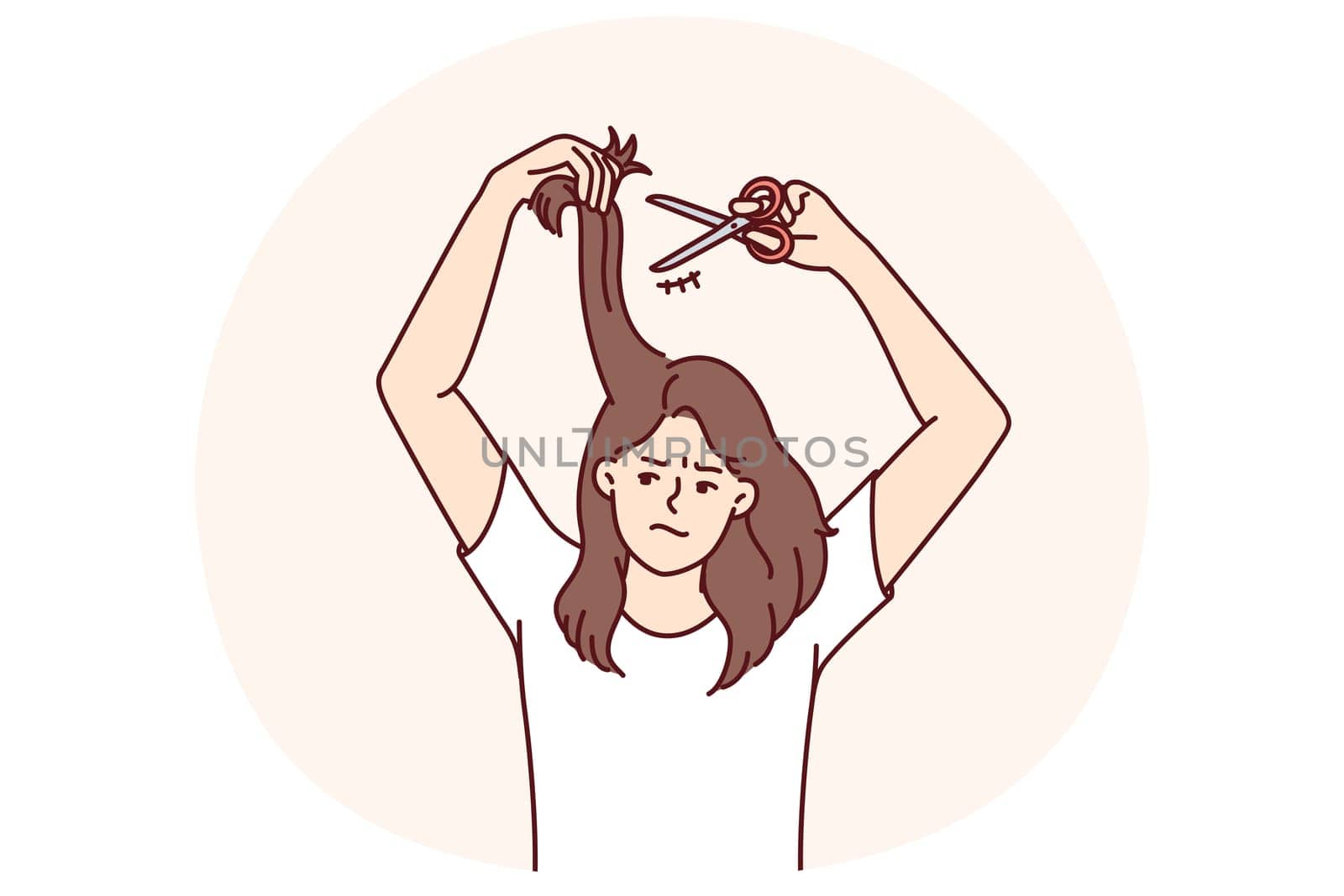 Woman cuts own hair because of dissatisfaction with hairstyle and split ends that appeared due to bad shampoo. Unhappy casual girl needs professional hairdresser or better shampoo.