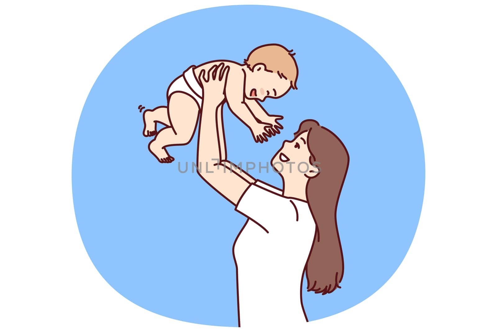 Mother lifts baby above head, rejoicing at birth son and celebrating arrival of new family member. Girl with newborn is happy that has become mother and throws up baby to hear children laughter