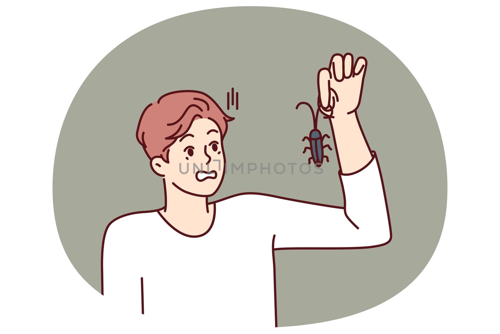Man with bug in hand, looks at insect and gets scared suffering from arachnophobia and disgust. Guy found bug and wants to get rid of pest by calling service for chemical treatment of insects
