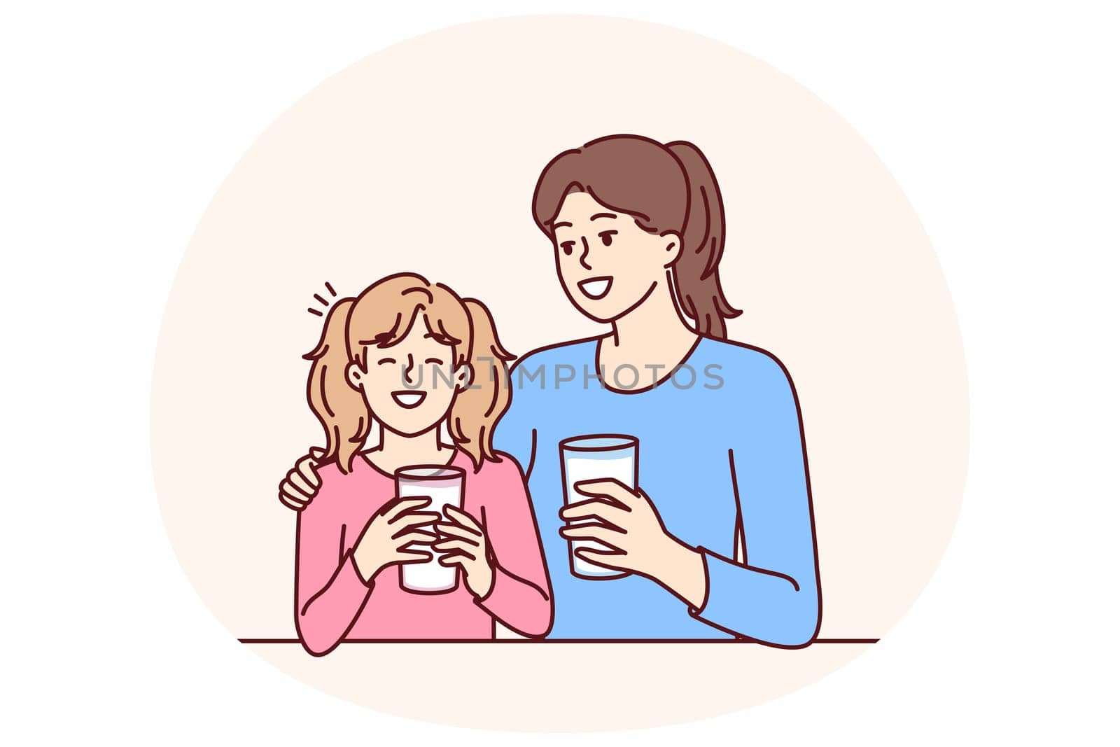 Mom and daughter drink natural milk to get useful vitamins and lactose or calcium from eco product. Woman hugging smiling teenage girl drinking milk to promote healthy food without chemicals