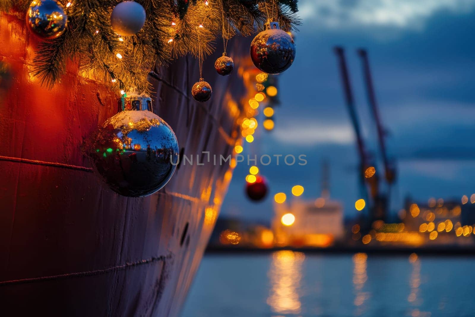 A ship adorned with colorful holiday ornaments glows warmly as the sun sets over the waterfront creating a festive atmosphere.