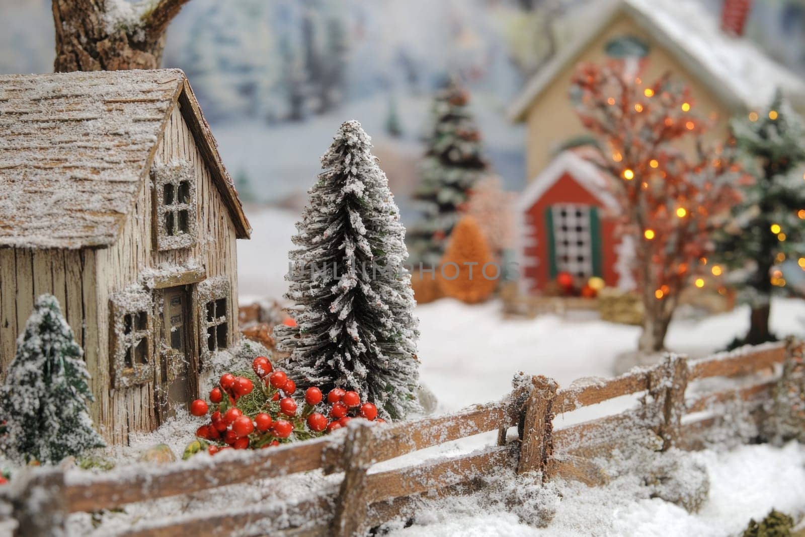 A quaint winter village features snowy houses surrounded by trees and decorative lights creating a cozy festive atmosphere.