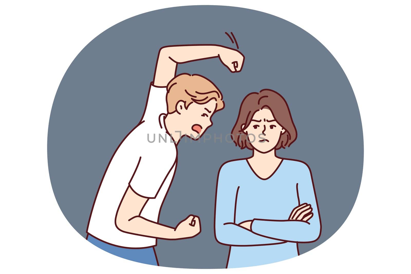 Aggressive man beats woman with violence because of jealousy and suspicion of infidelity or desire to get divorce. Nervous guy swinging his fist at girlfriend for domestic violence concept