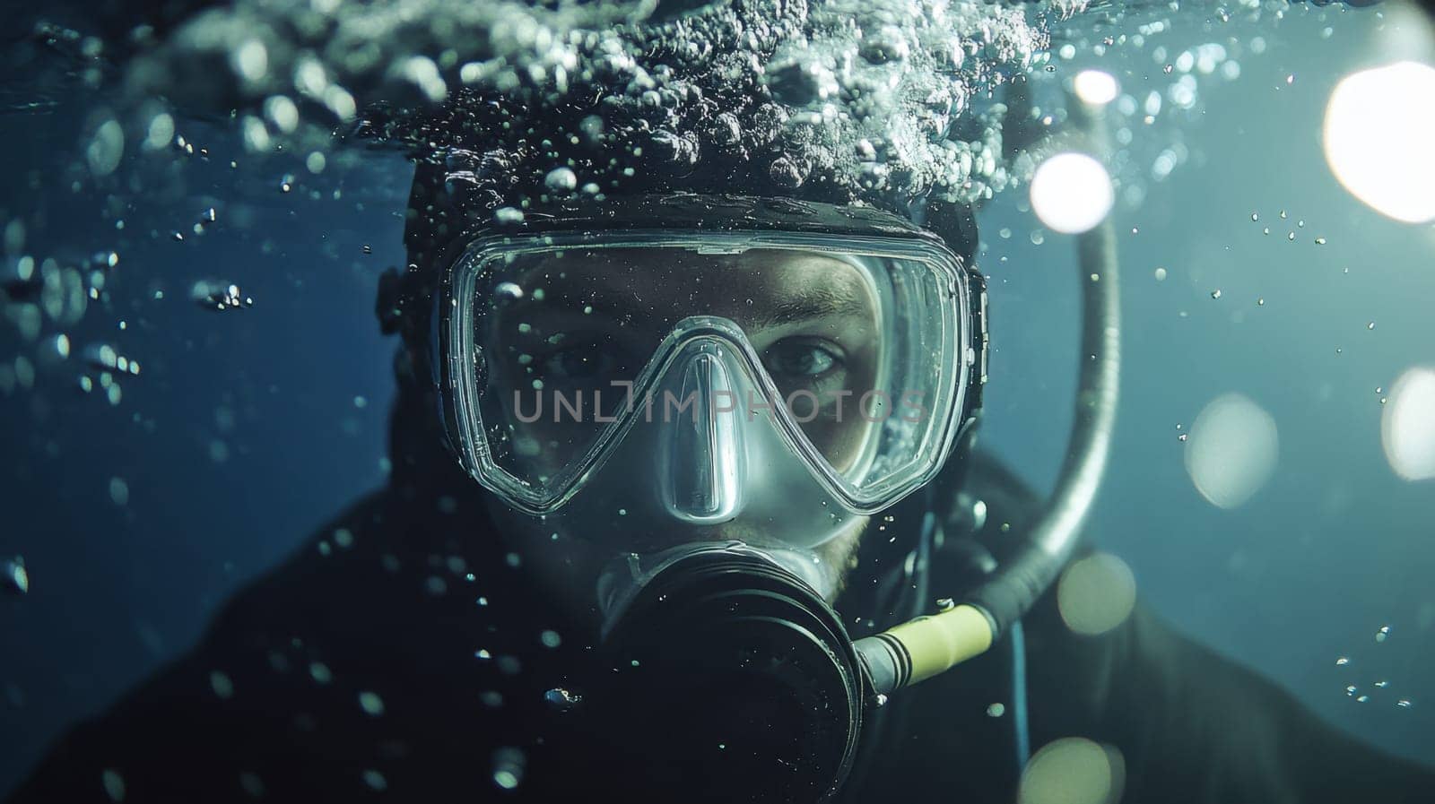 A diver is submerged in deep water surrounded by bubbles and dim light capturing the tranquil yet mysterious underwater world.