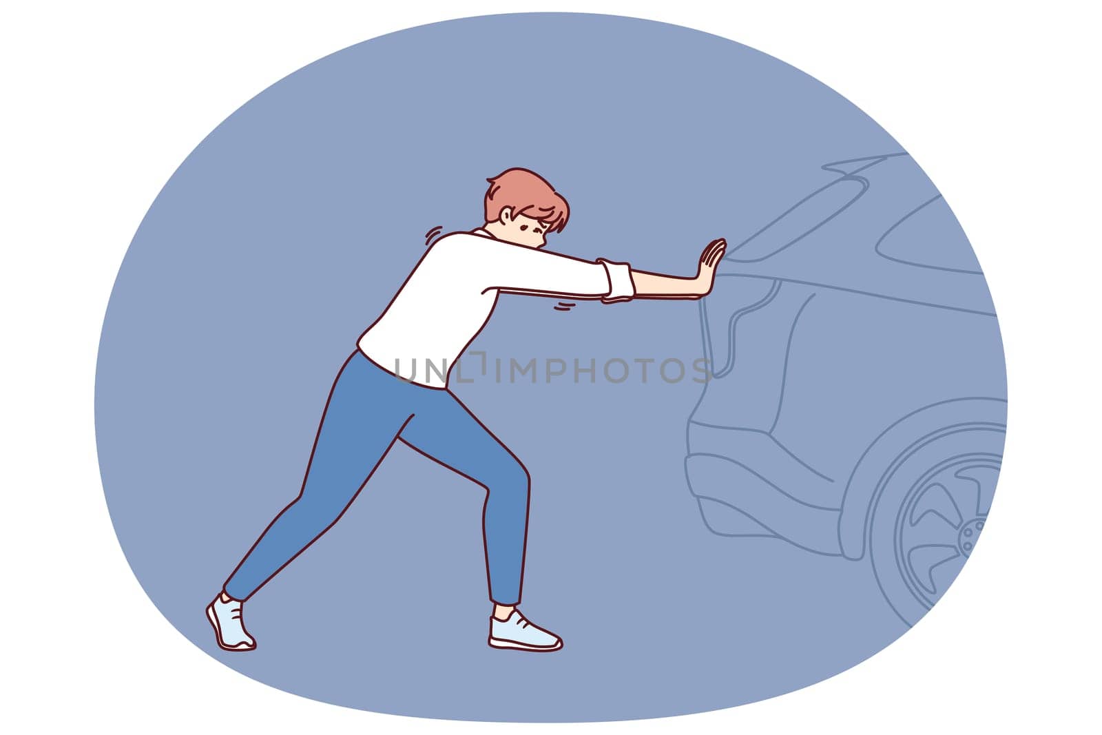 Man pushing broken car on road needs help of professional auto mechanic or tow truck for transport. Young unfortunate driver has difficulty pushing car due to broken engine or punctured tire