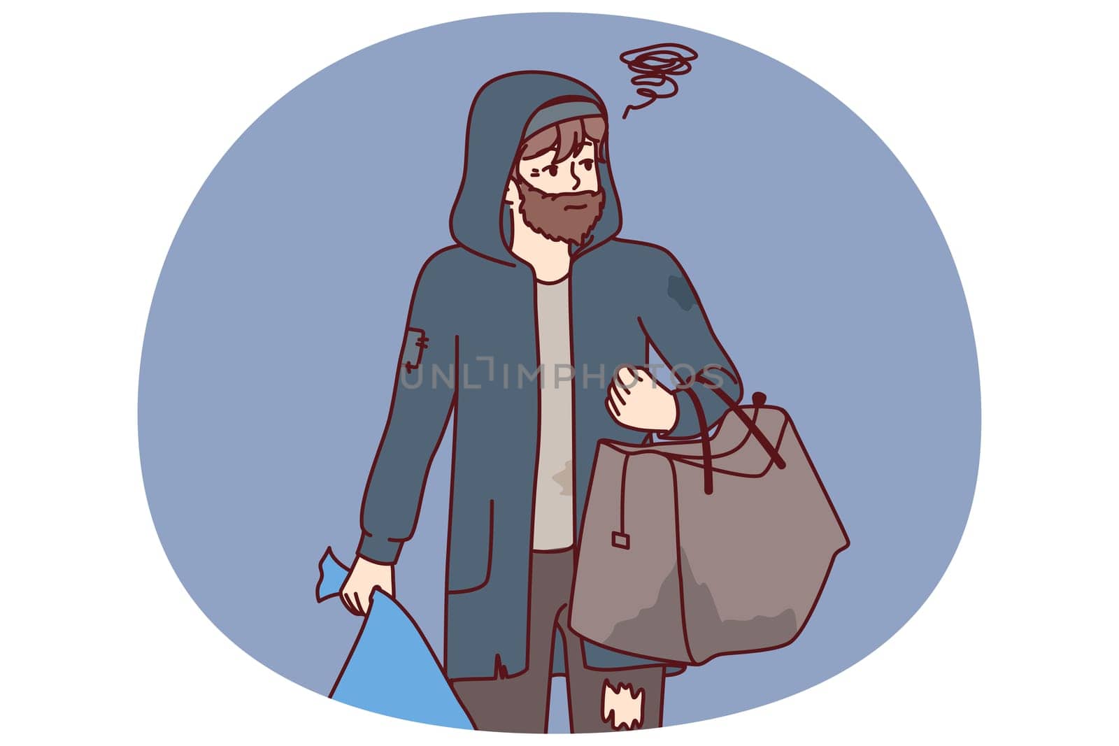 Man tramp with bag walks city streets in search of shelter or food thrown into trash. Concept of helping homeless and people in distress in need of shelter or food stamps for survival