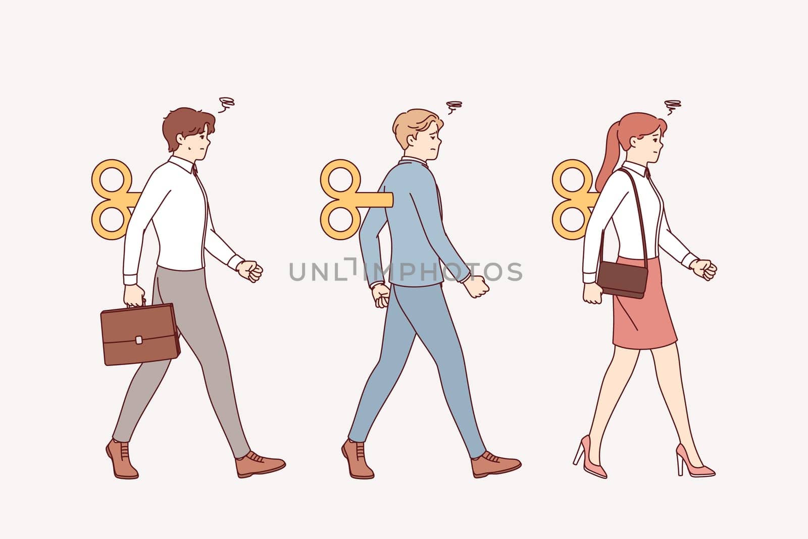 Business people puppets march in formation, thanks to mechanism for filling them with energy. Corporate weak-willed puppets with lack of ambition are completely subservient to manipulators