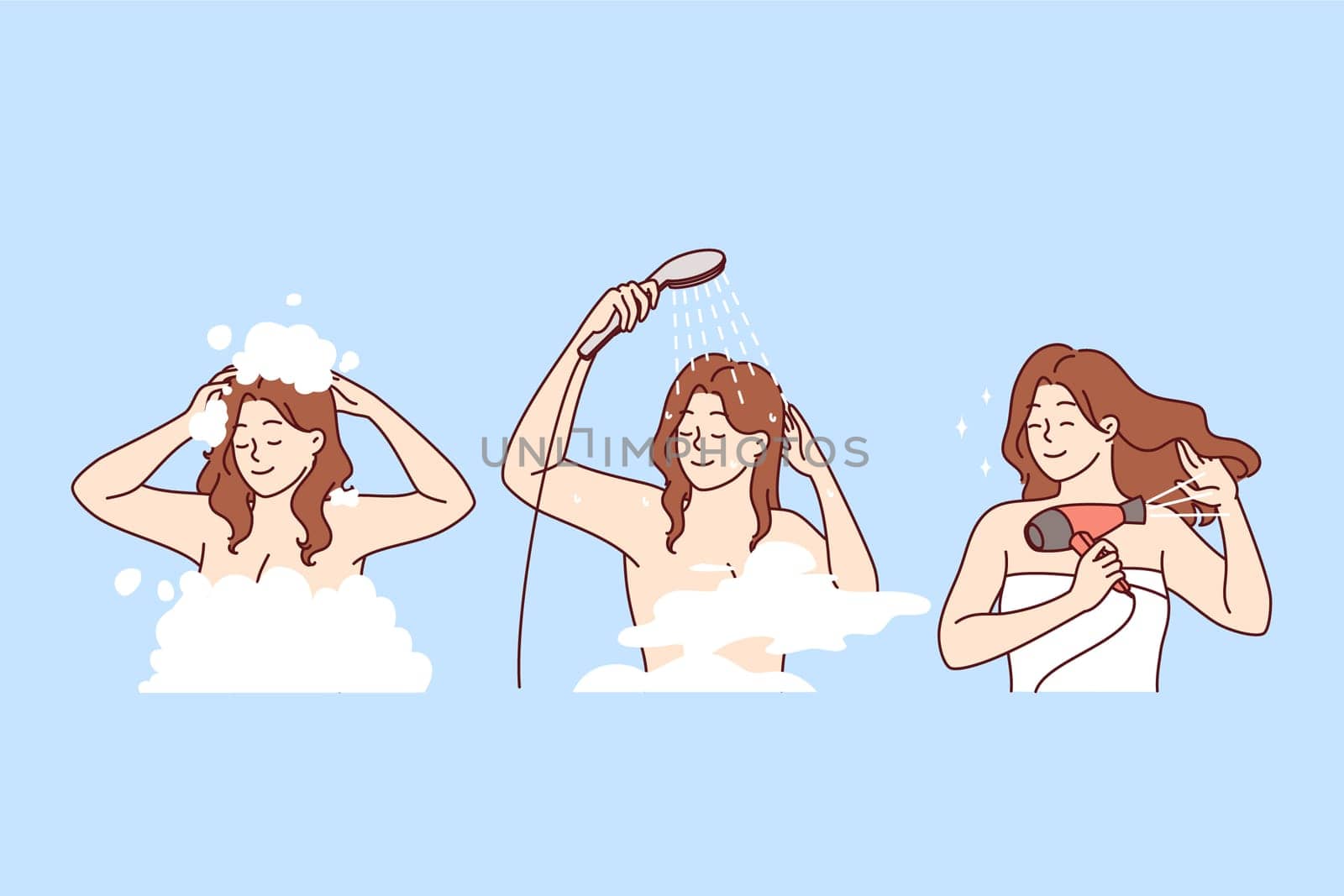 Woman washes head and takes care of hair using high-quality shampoo in shower and electric hairdryer. Hair care to avoid dandruff and alopecia, which negatively affect your appearance or well-being