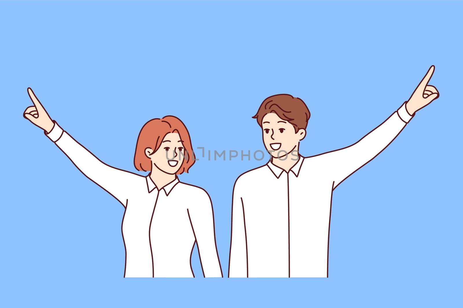 Team of two business people raise hands in victory and point upward, demonstrating commitment to achieving higher goals. Team job of company employees choosing direction of company work
