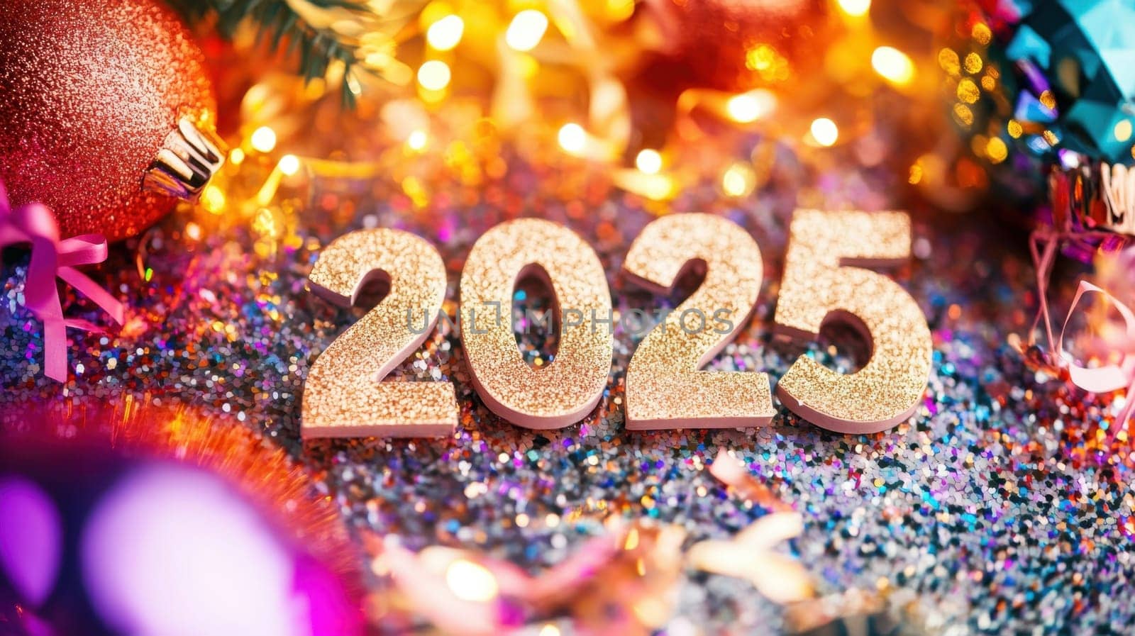 Decorative setup featuring the year 2025 surrounded by colorful ornaments and twinkling lights perfect for New Year festivities.