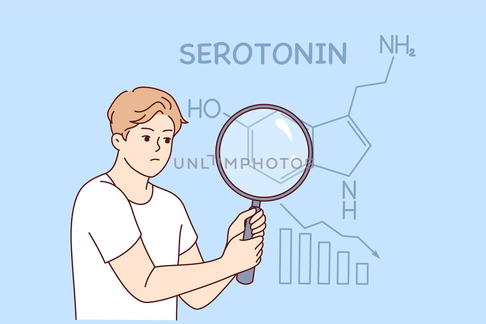 Flaw of hormone serotonin in man holding magnifying glass and suffering from lack of sunlight. Formula of hormone serotonin near guy with change of seasons and onset of cloudy weather
