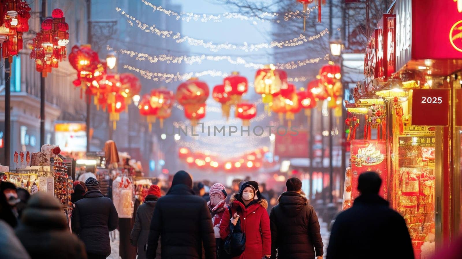 Crowds gather in a vibrant street adorned with red lanterns enjoying the festive atmosphere during the lantern festival celebrations.