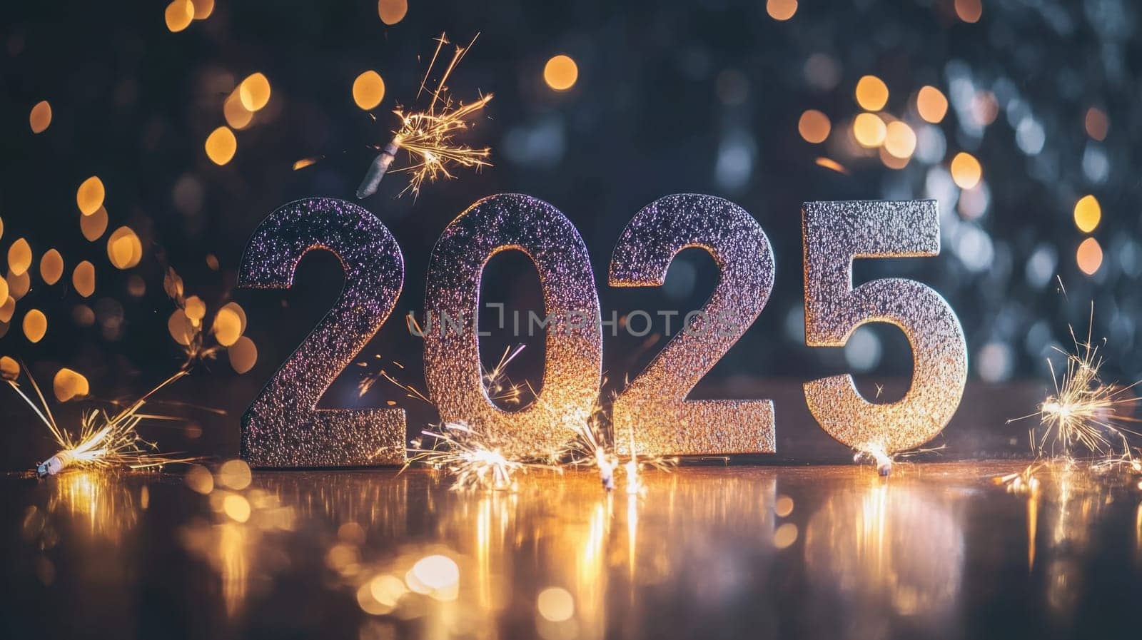 Festive numbers representing the year 2025 are surrounded by sparkling lights reflecting a joyful atmosphere as the new year approaches.