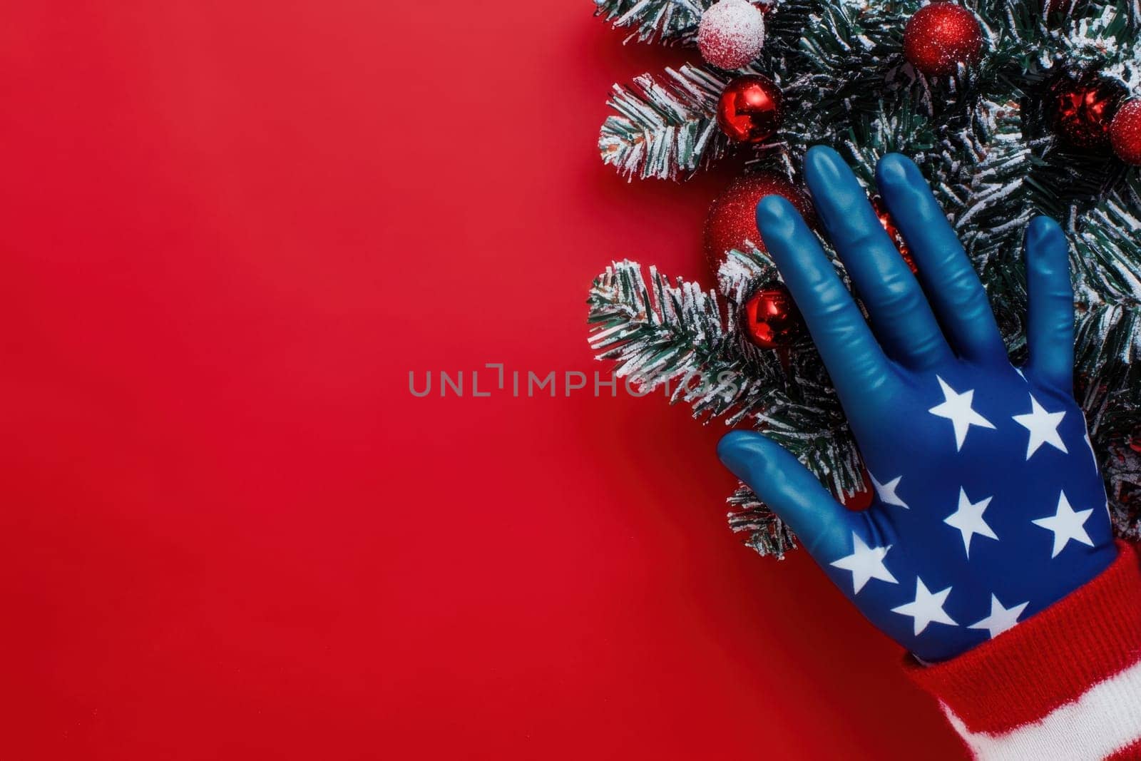 A blue glove adorned with stars rests beside festive greenery and red ornaments on a smooth red background celebrating the holiday spirit.