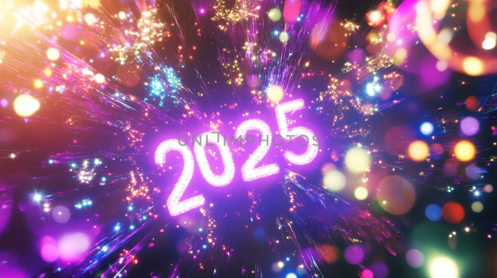Vibrant bursts of color and light announce the New Year showcasing 2025 with a festive atmosphere.