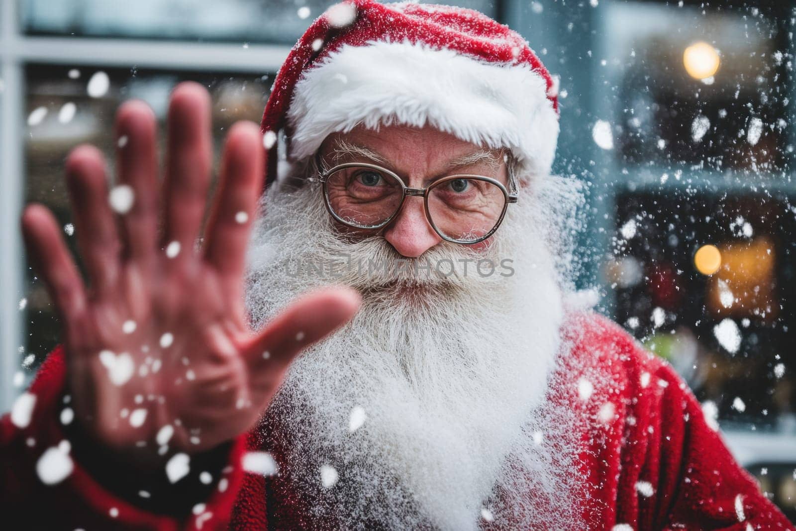 A cheerful Santa Claus stands in falling snow greeting with a joyful wave and a warm smile amid a festive atmosphere.