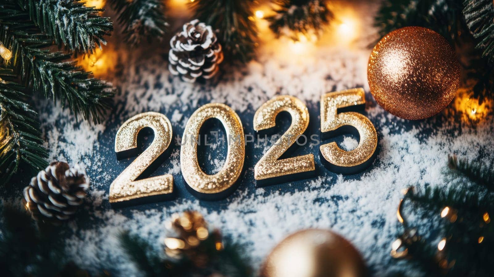 The vibrant decor for New Year 2025 includes golden numbers pine cones and glowing lights amidst a snowy backdrop.