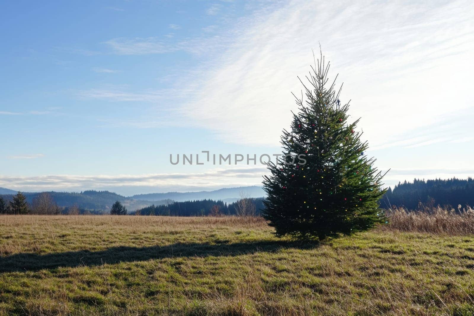 A solitary evergreen tree stands tall in a grassy field illuminated by soft morning light with distant mountains in the background.