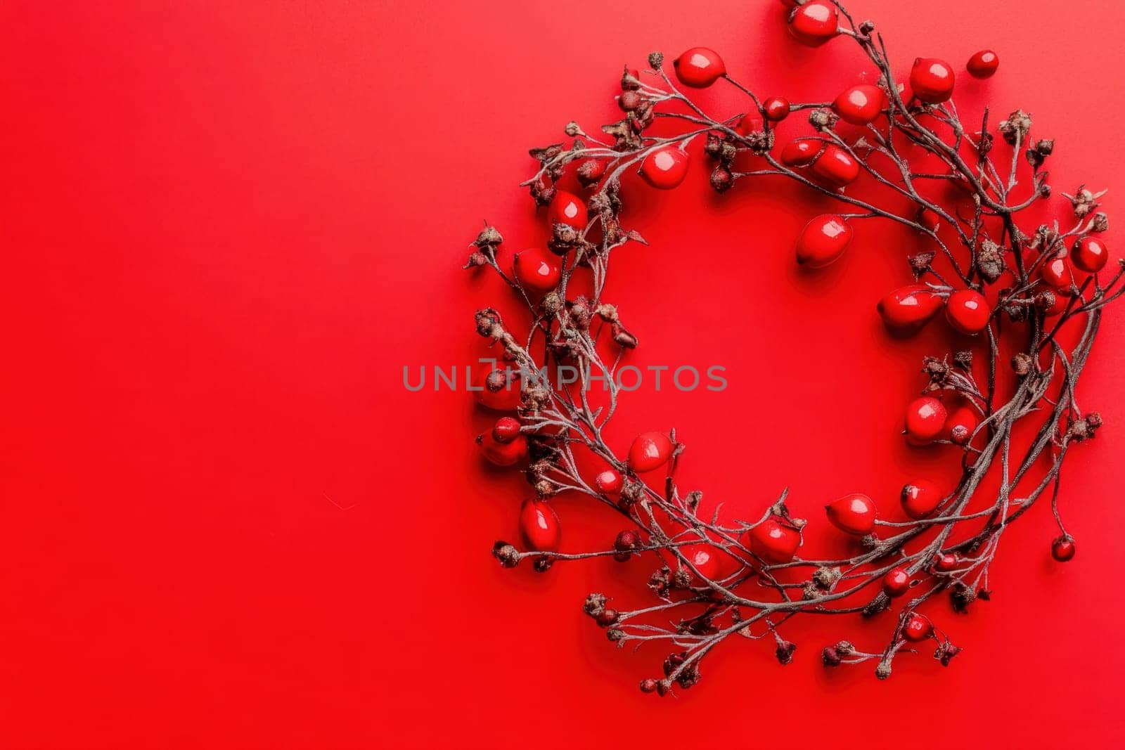 A circular wreath made of twigs and bright red berries sits against a vivid red backdrop creating a striking seasonal decoration.