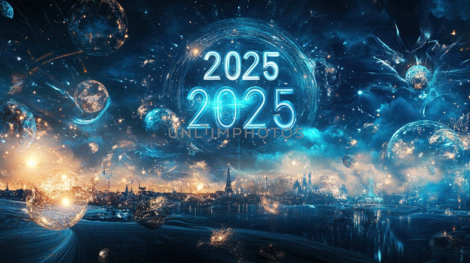 A vibrant cosmic landscape showcases glowing orbs and bright light formations highlighting the year 2025 in a futuristic setting.
