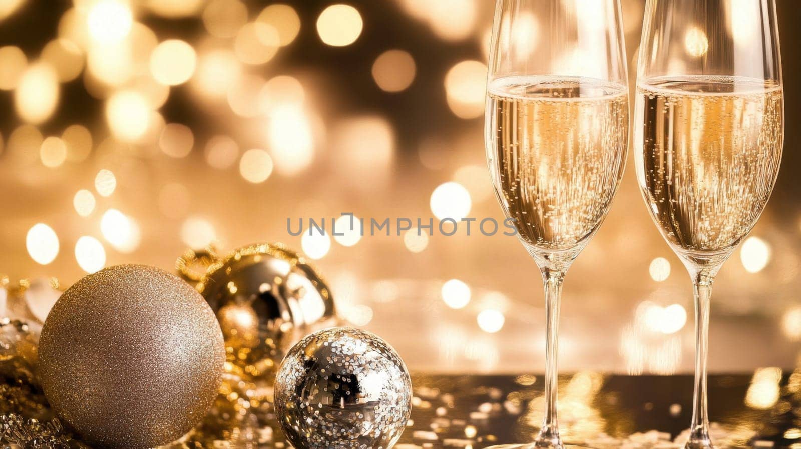 Two flutes of sparkling wine sit on a festive table adorned with gold and silver ornaments celebrating the joy of New Years Eve.