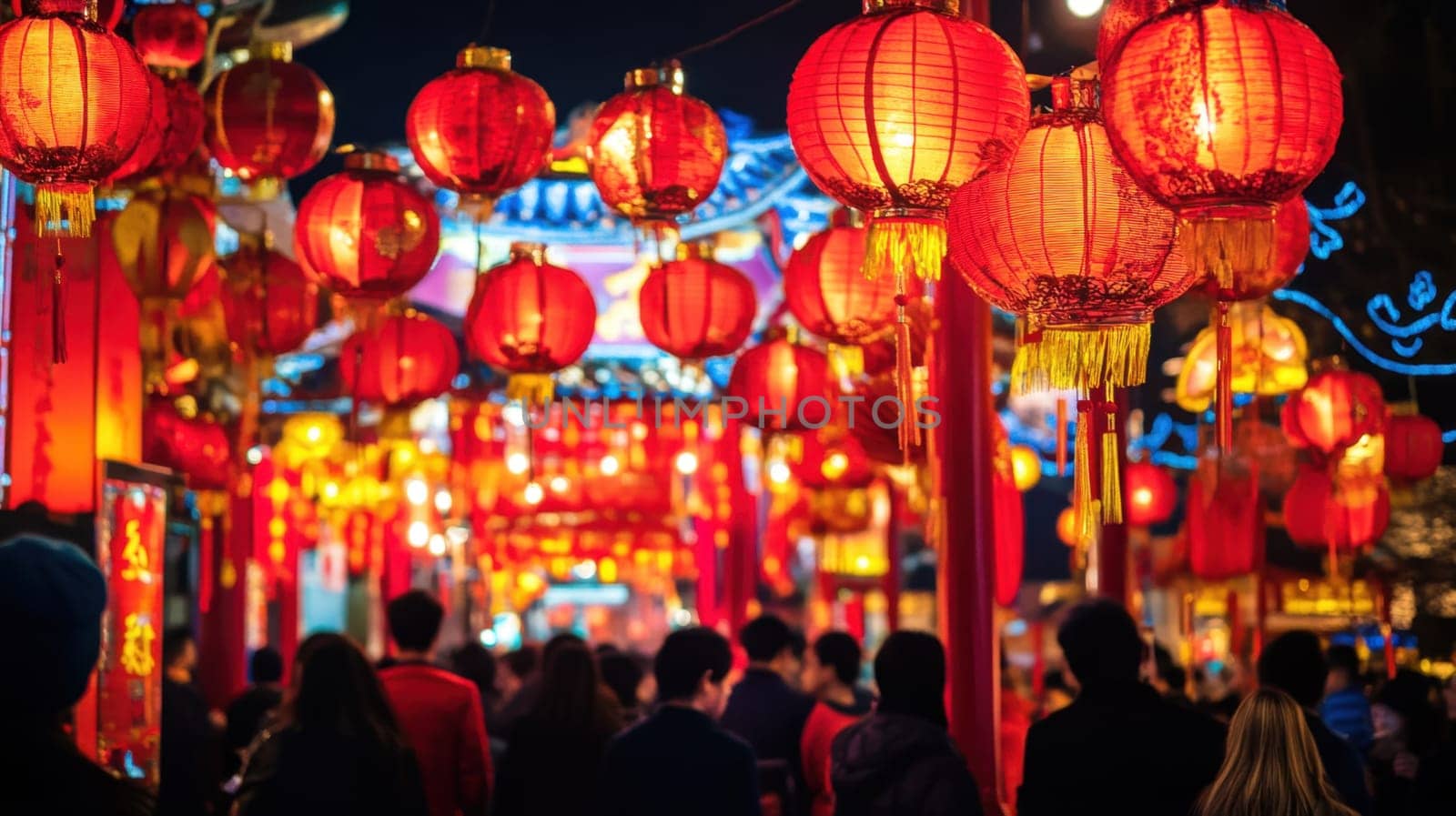 Crowds enjoy the colorful lantern festival illuminated by red lanterns creating a festive atmosphere on a lively city street at night.