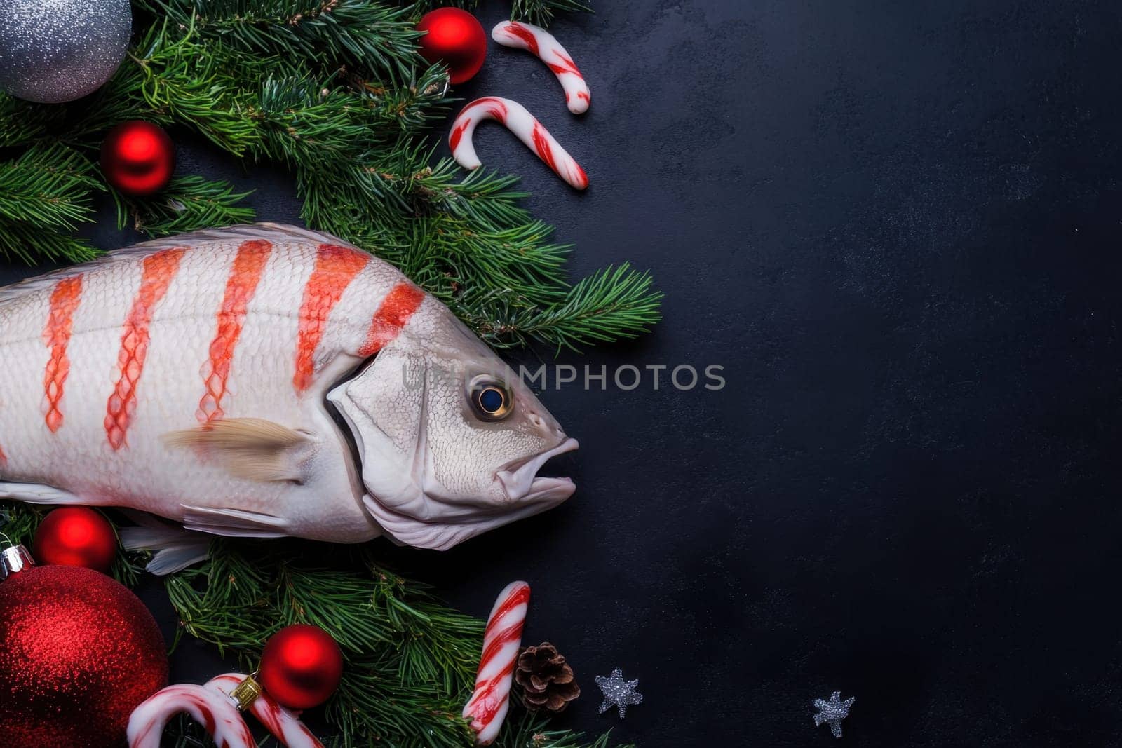 A whole fish lies surrounded by Christmas decorations like ornaments candy canes and pine branches creating a festive atmosphere.