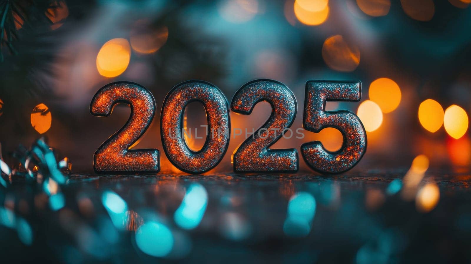 Shimmering 2025 numerals stand out against colorful lights creating a festive atmosphere for New Year celebrations.