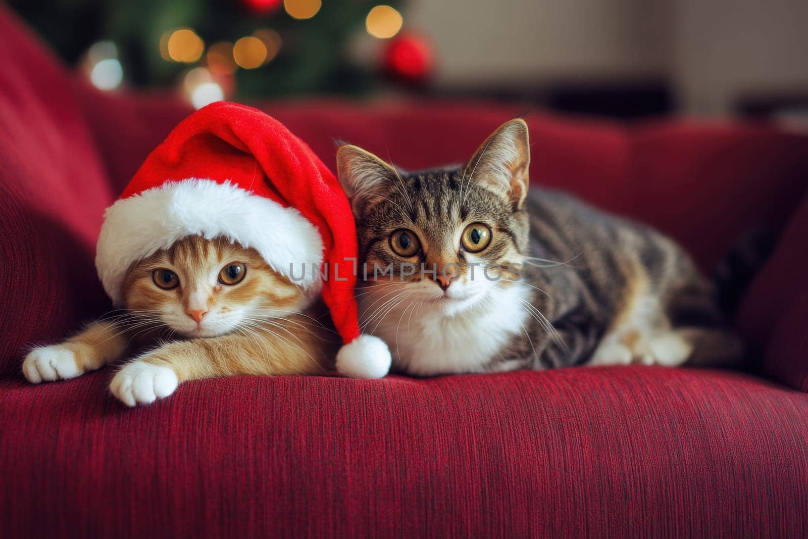 Two adorable cats rest on a red couch one wearing a festive Christmas hat celebrating the holiday spirit in a warm setting.