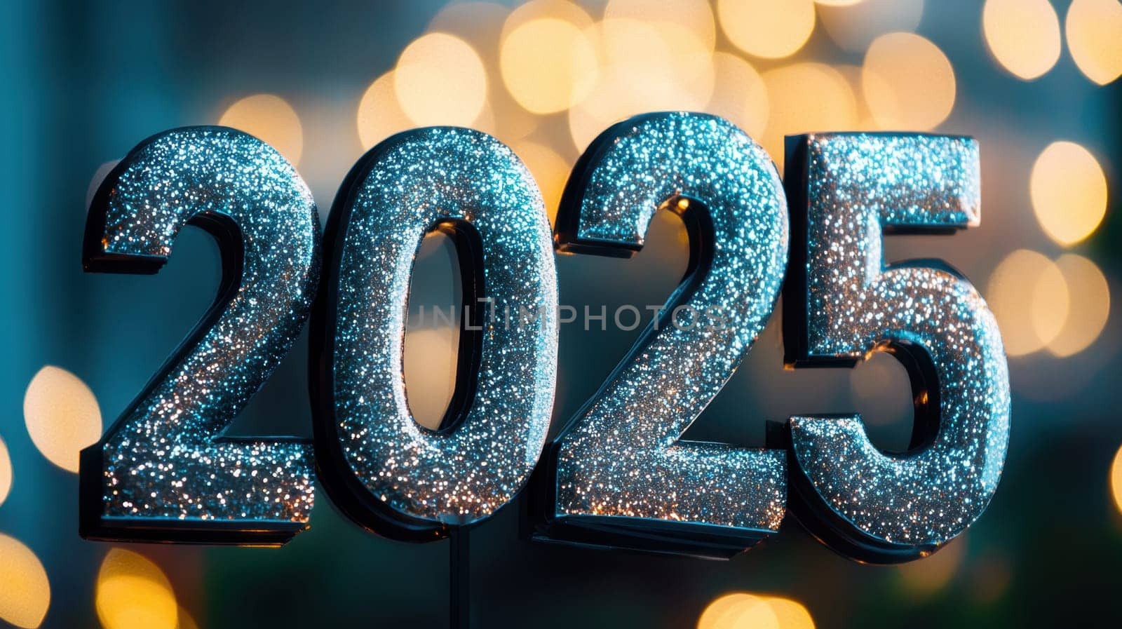 A sparkling 2025 decoration stands out against a beautiful bokeh backdrop celebrating the upcoming New Year with festive cheer.