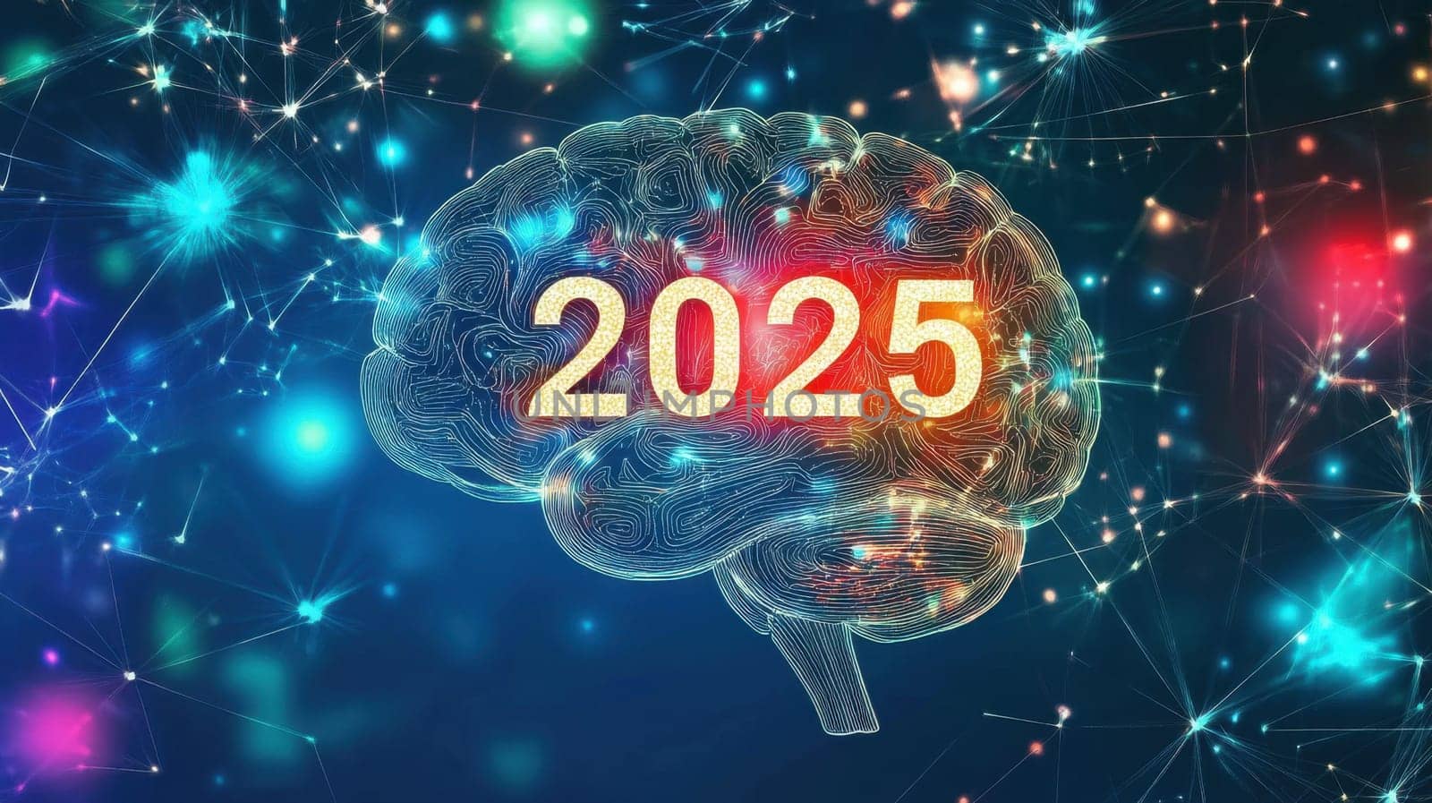 A digital depiction of a brain features the year 2025 symbolizing innovation and advancements in neuroscience and technology.
