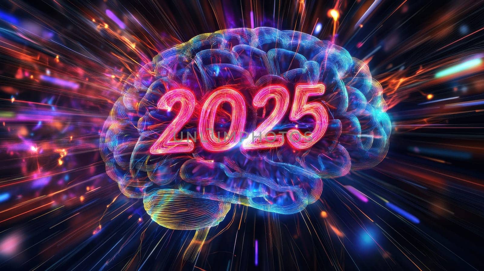A vibrant brain graphic filled with dynamic colors represents the concept of technology and innovation for the year 2025.