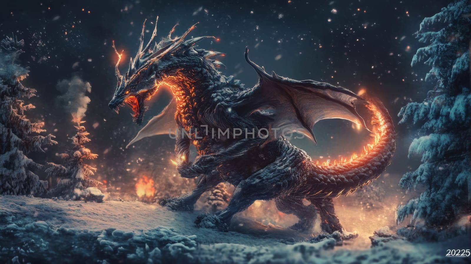 A powerful dragon stands in a snowy landscape exhaling flames while surrounded by trees illustrating a mystical winter night.