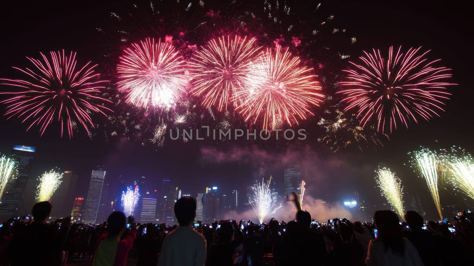 A vibrant fireworks show lights up the night sky captivating onlookers gathered by the waterfront with their phones raised.