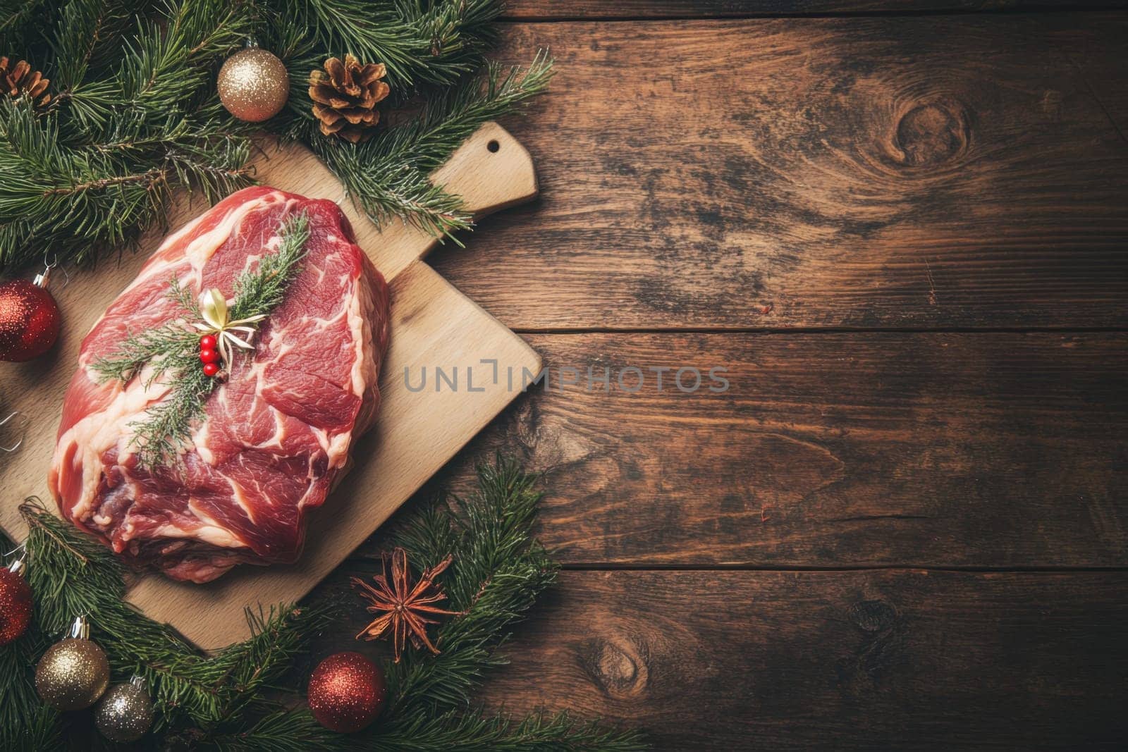 A large cut of meat rests on a wooden board surrounded by holiday decorations including pine branches and ornaments ready for preparation.