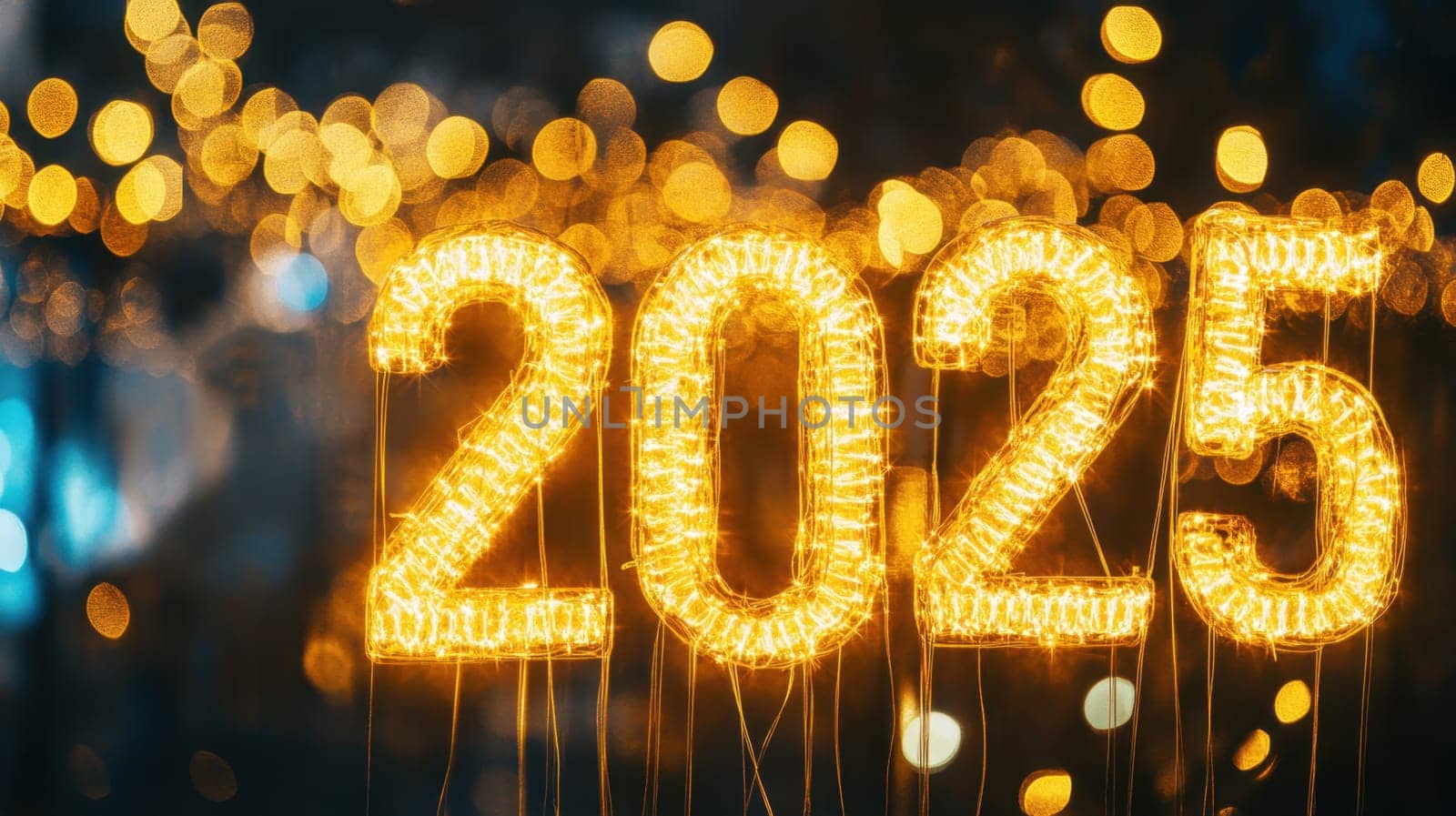 Brightly lit numbers 2025 adorn the backdrop creating a festive atmosphere perfect for welcoming the New Year.