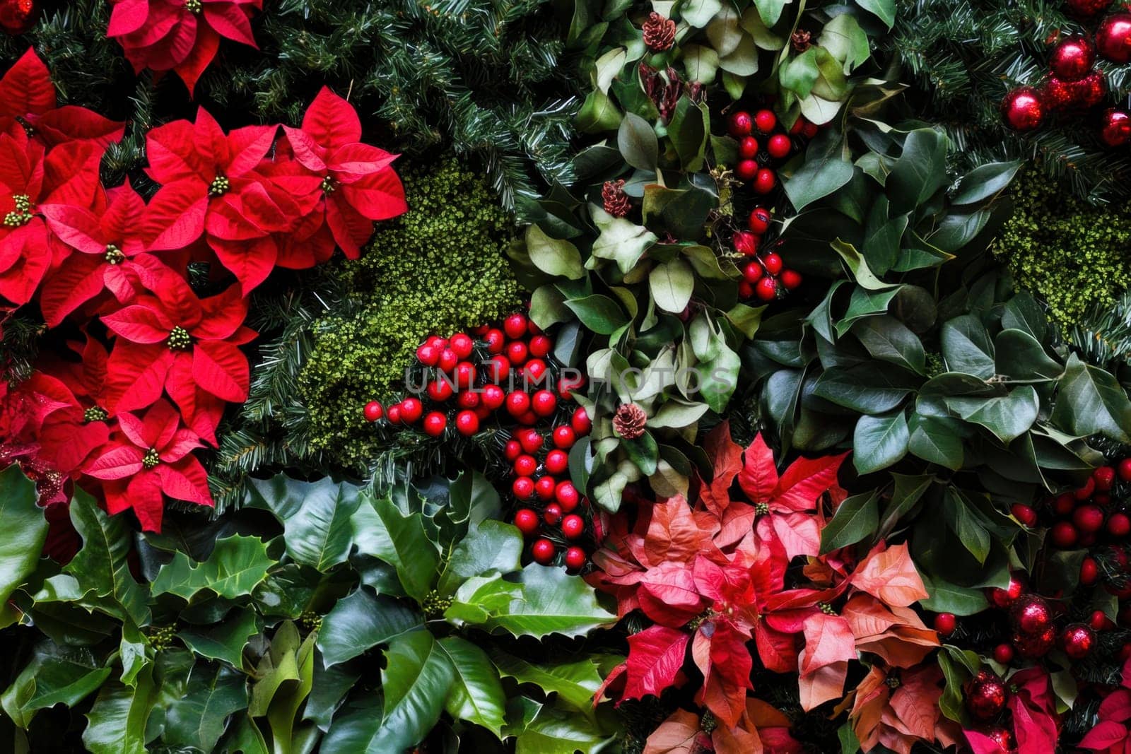 Vibrant display of red poinsettias green foliage and berries suitable for holiday decorations and celebrations during winter.
