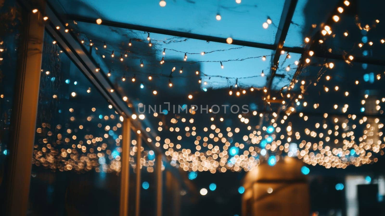 Warm twinkling lights create a cozy atmosphere in an outdoor setting during the evening enhancing the ambiance of the space.