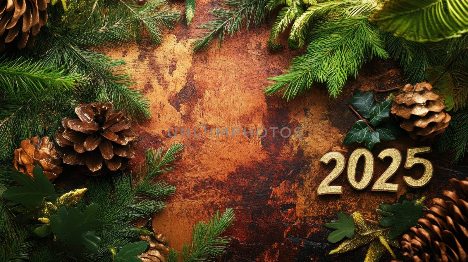 A vibrant arrangement of pine branches and pinecones decorates a rustic background signaling the arrival of New Year 2025.