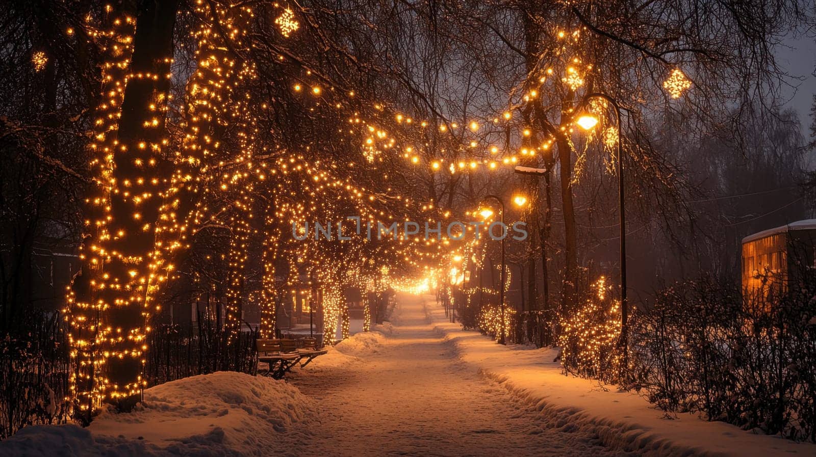 A snowy park pathway is illuminated by warm lights during a serene winter evening creating a magical atmosphere for visitors.