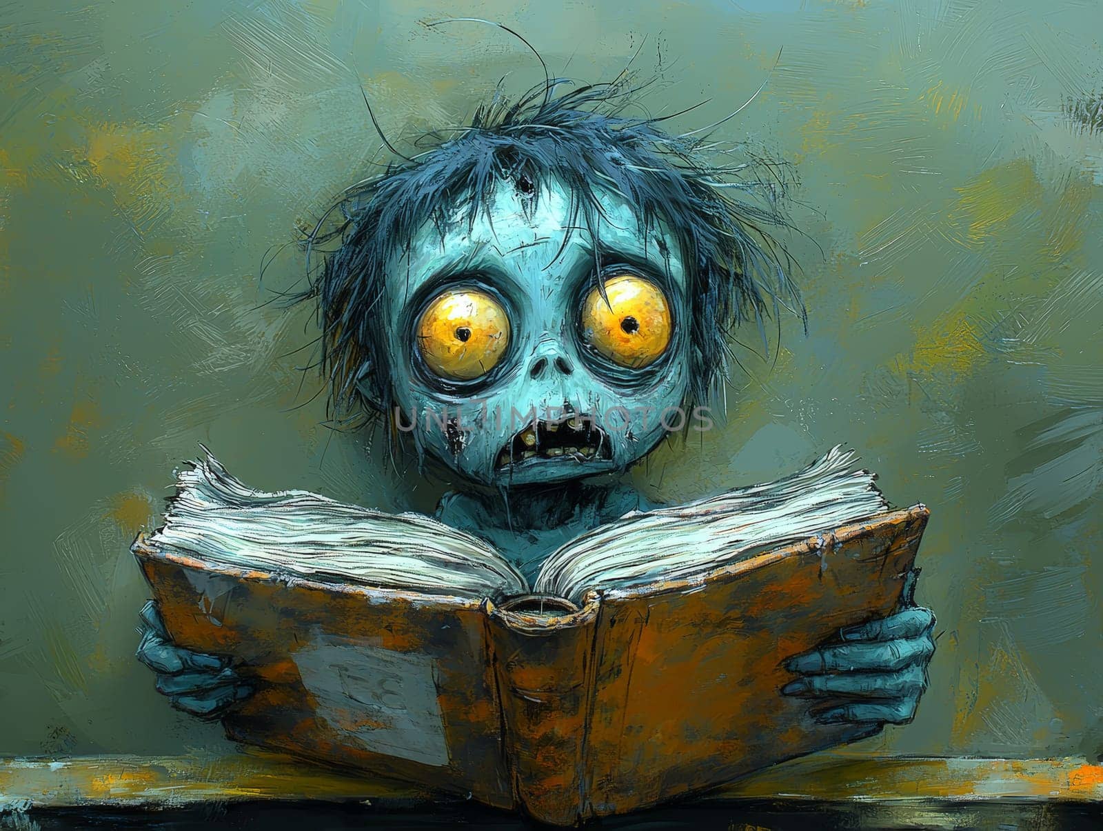 This charming black-and-white illustration features a cute little zombie with messy hair, engrossed in a book. Rendered in a pencil drawing style, the cartoon character design captures the whimsical essence perfect for a children's book. With simple details and a full-body shot, the artwork invites young readers into a playful world of imagination. The wide-angle perspective adds depth, enhancing the overall enchantment of the scene, making it an ideal illustration for storytelling.
