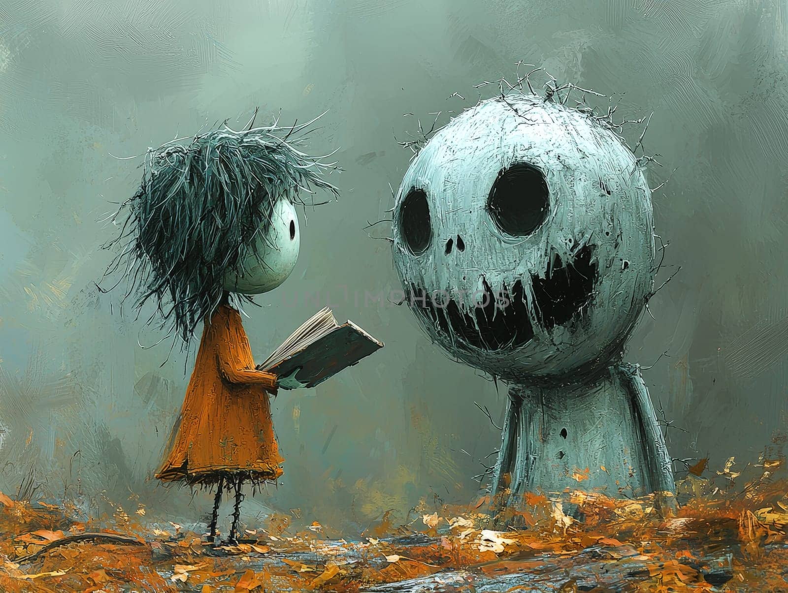This charming black-and-white illustration features a cute little zombie with messy hair engrossed in reading a story to an alien seated on the ground. Crafted in a pencil drawing style, the cartoon character design is perfect for a children's book, with simple details that enhance its playful appeal. The full-body shot captures the whimsical interaction between the two characters, while the wide-angle perspective adds depth to the scene. This delightful artwork sparks imagination and encourages young readers to explore the joys of storytelling and friendship.