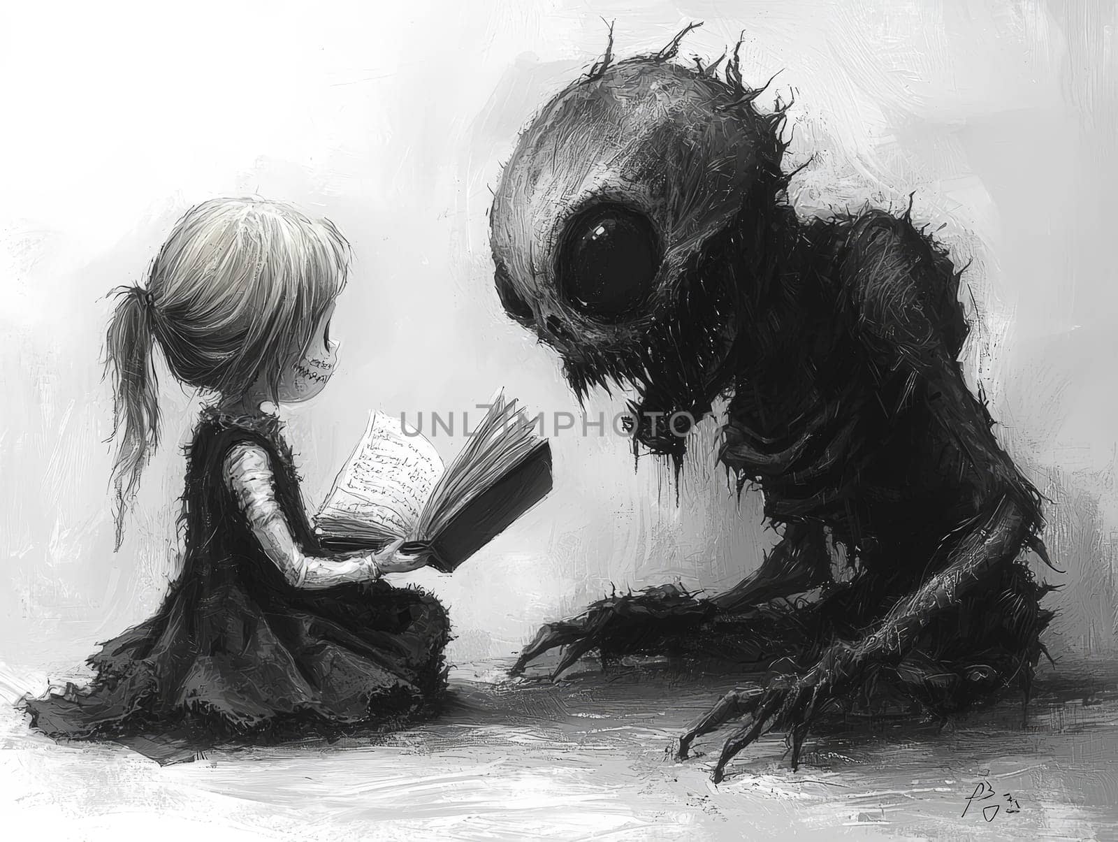 This charming black-and-white illustration features a cute little zombie with messy hair engrossed in reading a story to an alien seated on the ground. Crafted in a pencil drawing style, the cartoon character design is perfect for a children's book, with simple details that enhance its playful appeal. The full-body shot captures the whimsical interaction between the two characters, while the wide-angle perspective adds depth to the scene. This delightful artwork sparks imagination and encourages young readers to explore the joys of storytelling and friendship.